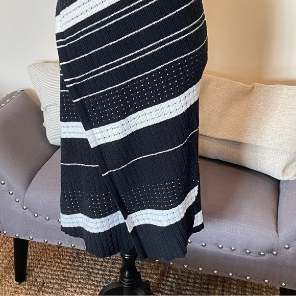 MOTH Midi Knit Dress Velda Asymmetric Stripe Mock Neck Black White Cutaway Wrap - Picture 6 of 9